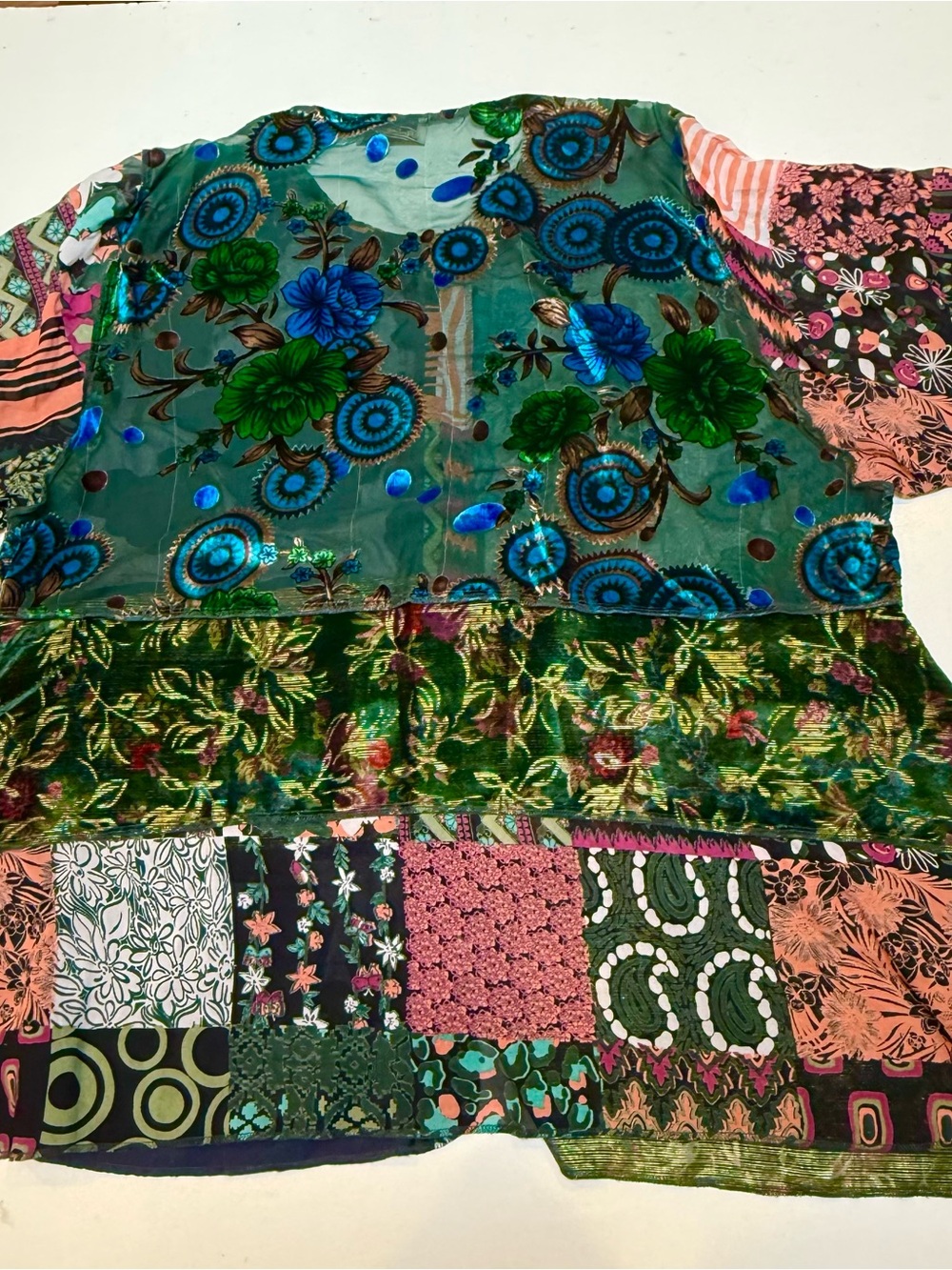 Patchwork Velvet Button-Front Blouse - Green Multi - Picture 2 of 14